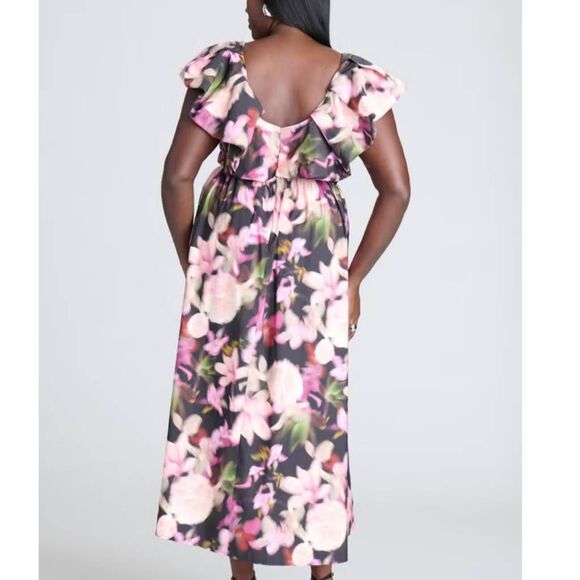 NWT Eloquii Plus Size 20 Ruffle Neckline Floral Dress in Blurry Blooms - Picture 2 of 5